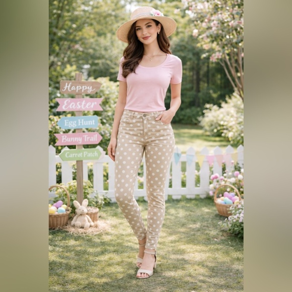 GESO Tan White Polka Dot Preppy Skinny Jeans Sz:1